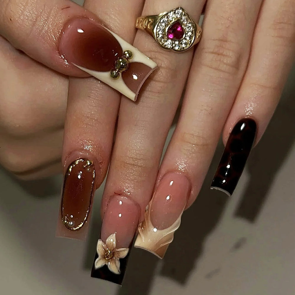 3D Embossed Flower Gold Frame Bead Press-On Nails – Pink Brown Yellow, Almond Square