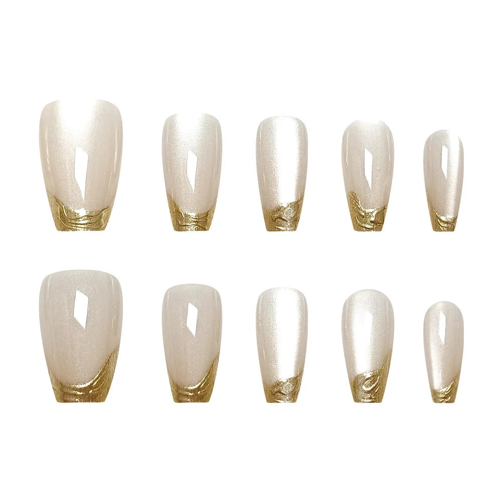 Short fake nails for women gilrs french style glossy shimmer cat eyes with golden silver edge frame full cover press on nails