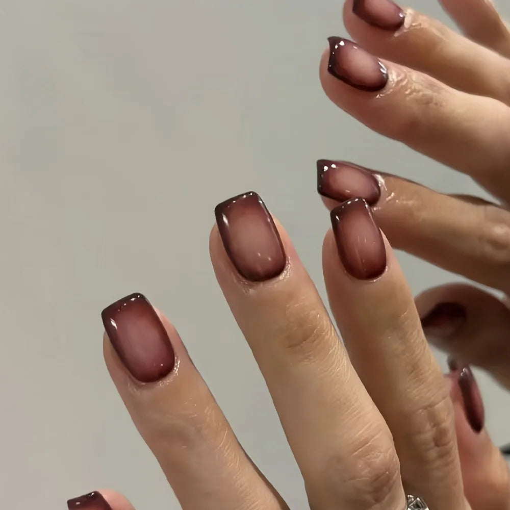 Short Square fake nails for women gradient black red rose pink blush french style full cover press on acrylic false nail art