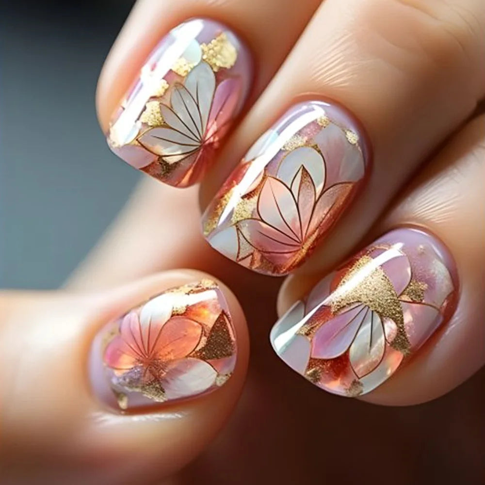 Short square fake nails for women gilrs Spring summer flowers white pink yellow colors full cover press on acrylic false nails