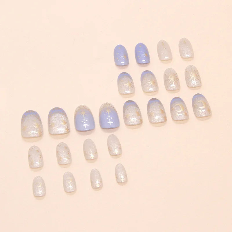 24pcs/set cat eyes fake nails for women Oval nail tips with moon star printing french style full cover press on false nails art