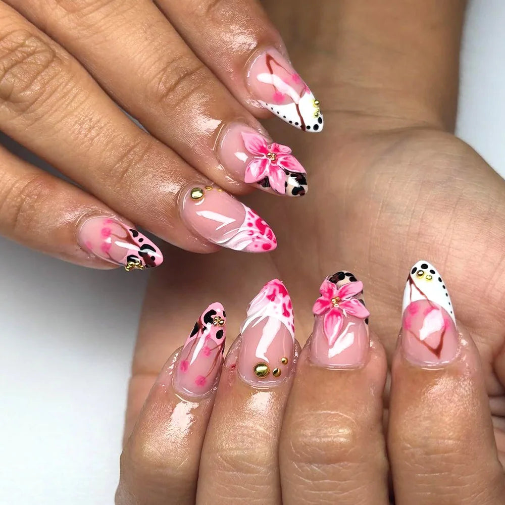 Tropical Hibiscus & Butterfly French Press-On Nails – Almond, 24 Pcs