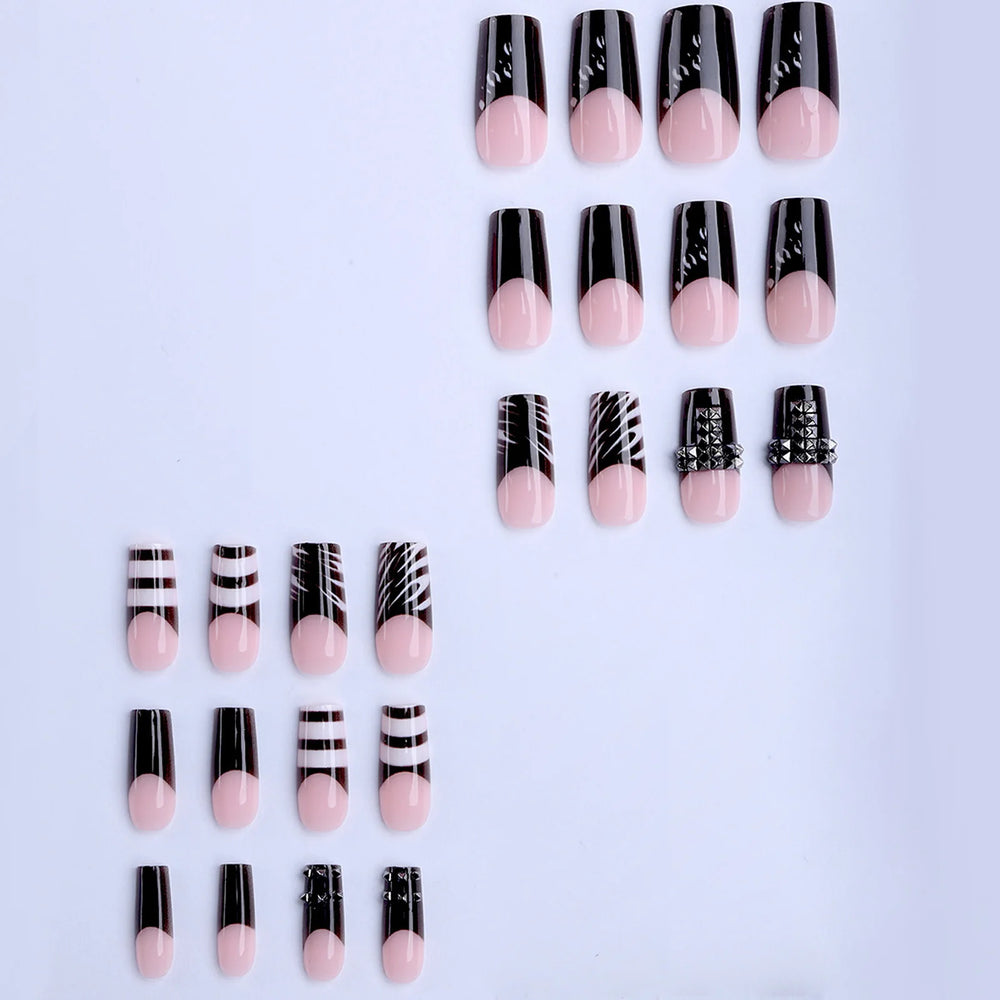 Dark Black French Metal Bow Press-On Nails – Almond, 24 Pcs