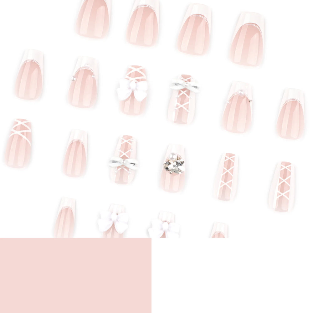 White 3D Bow Rhinestone French Press-On Nails – Short Square, 24 Pcs