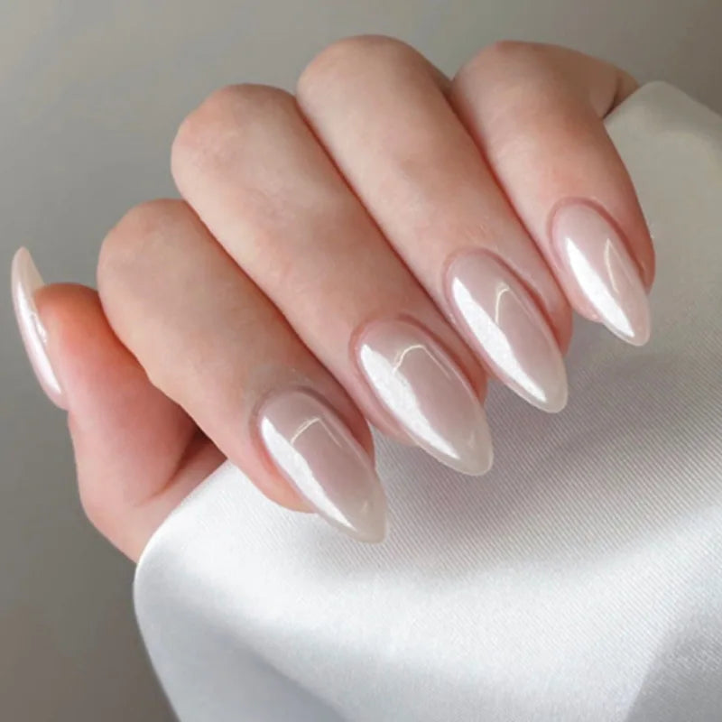 Medium fake nails for women gilrs french Minimalist style pearl shimmer surface Almond nail tips press on false nail art set