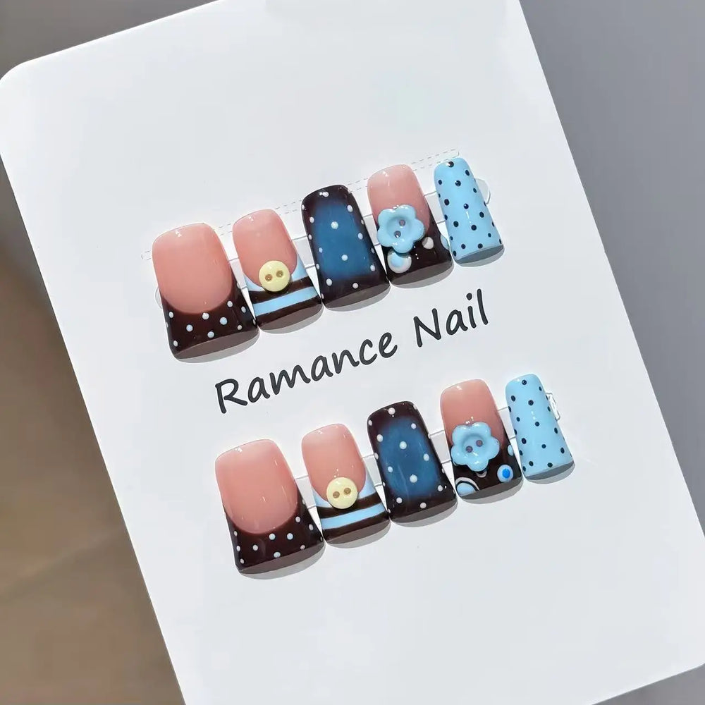 Blue Stripe Polka Dot 3D Flower Handmade Press-On Nails – Duckbill, 10 Pcs