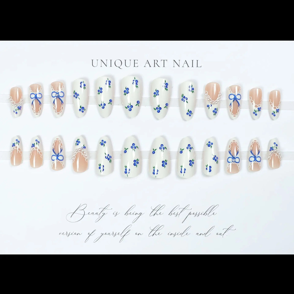 3D fake nails for women gilrs French minimalist bow pearl blue flowers design Nude white almond nail tips press on false nail