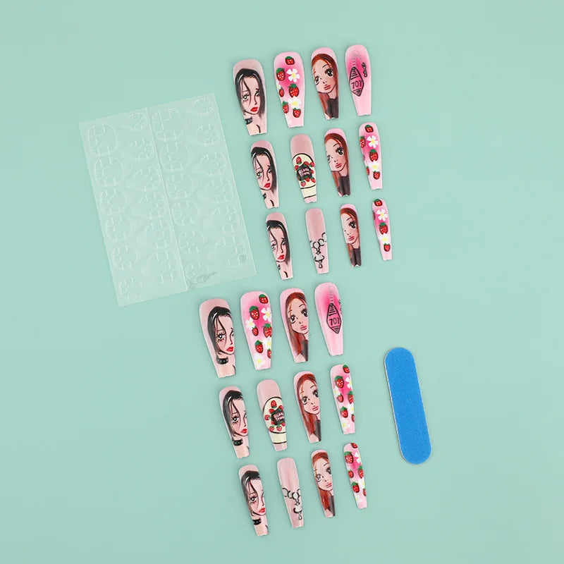 Medium long fake nails for women cartoon girls strawberry sunset y2K ballet shape full cover nail tips press on false nail art