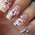 Short Medium fake nails pink peach flowers with sparkling glitters for Spring summer Square almond tips press on false nail art