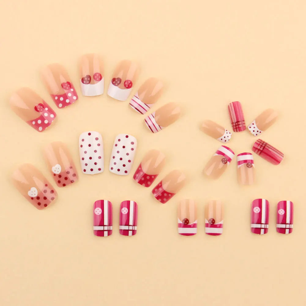 Pink & White Heart Button Plaid French Press-On Nails – Short Square, 24 Pcs