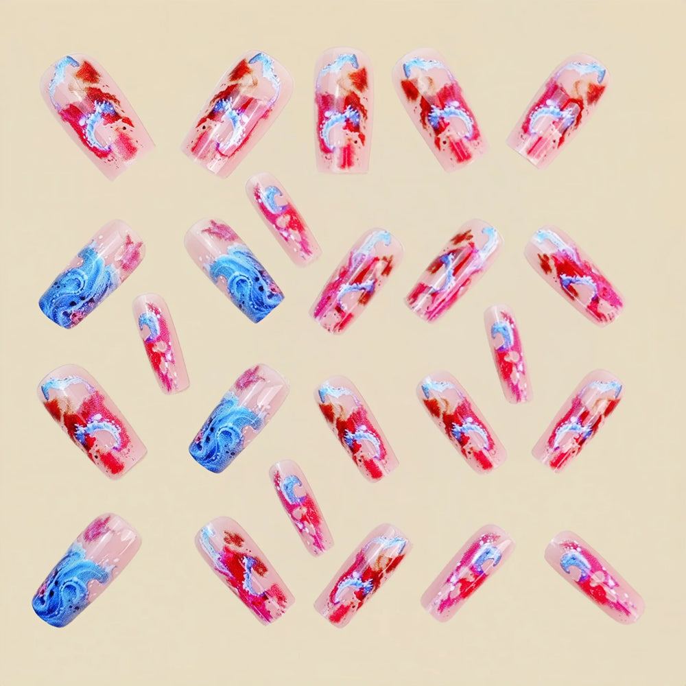 Pink & Blue Ocean Wave Press-On Nails – Medium Square