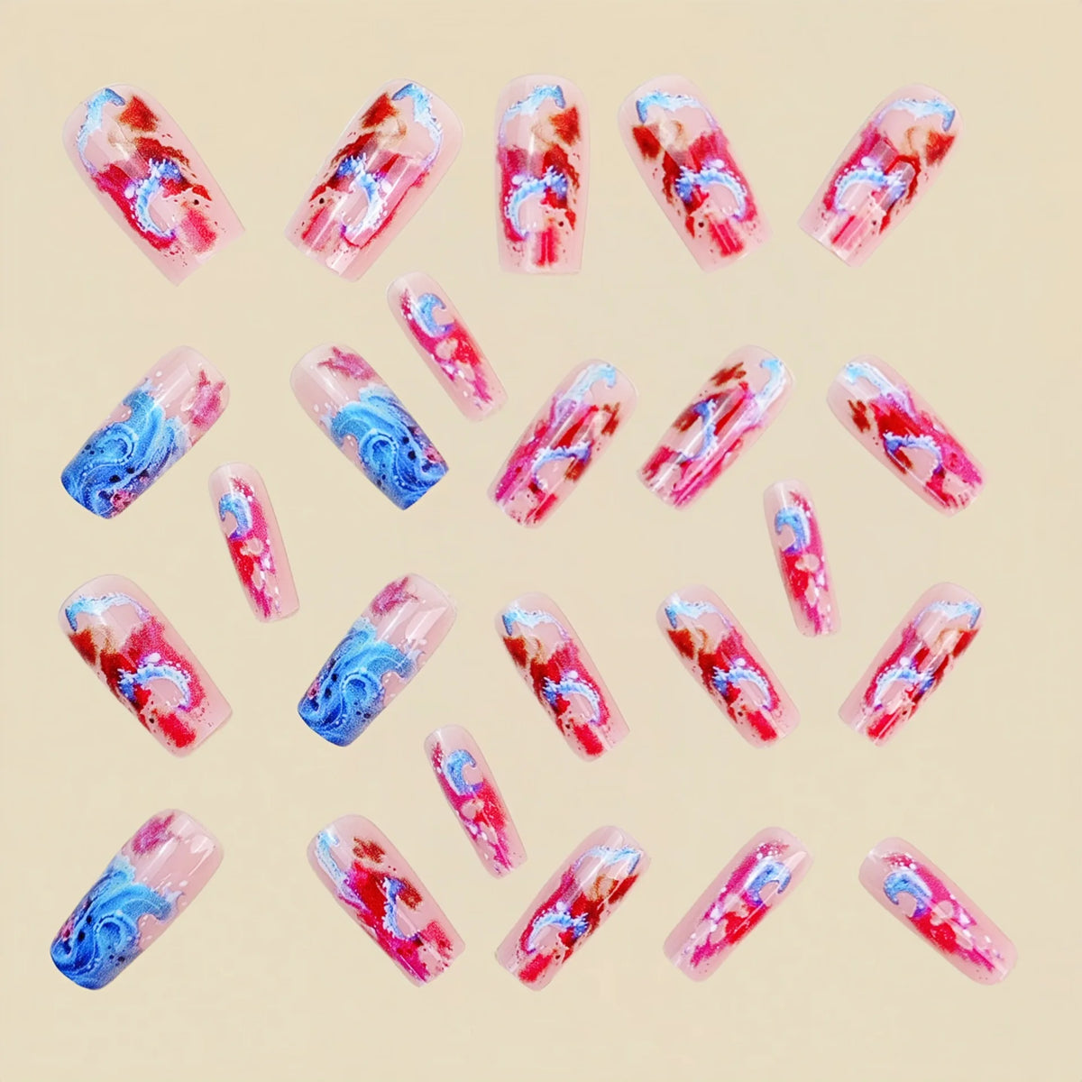 Medium fake nails for women gilrs Gradient pink blue colors wave sea print Square shape full cover reusable press on nails set