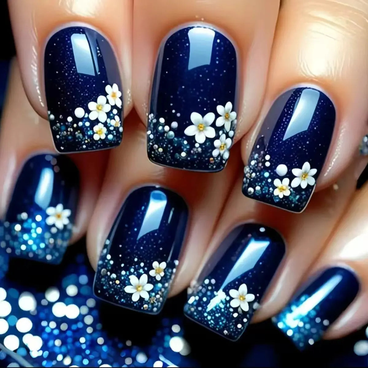 Short Medium Fake Nails Purple Blue Red Brown Black Flowers Butterfly Fall Winter Square Ballet Nail Tips Press On False Nail