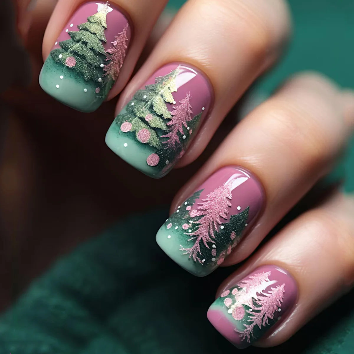 Medium long fake nails for Chirstmas party Square almond tips christmas tree snowflake gift snowman press on false nail art set