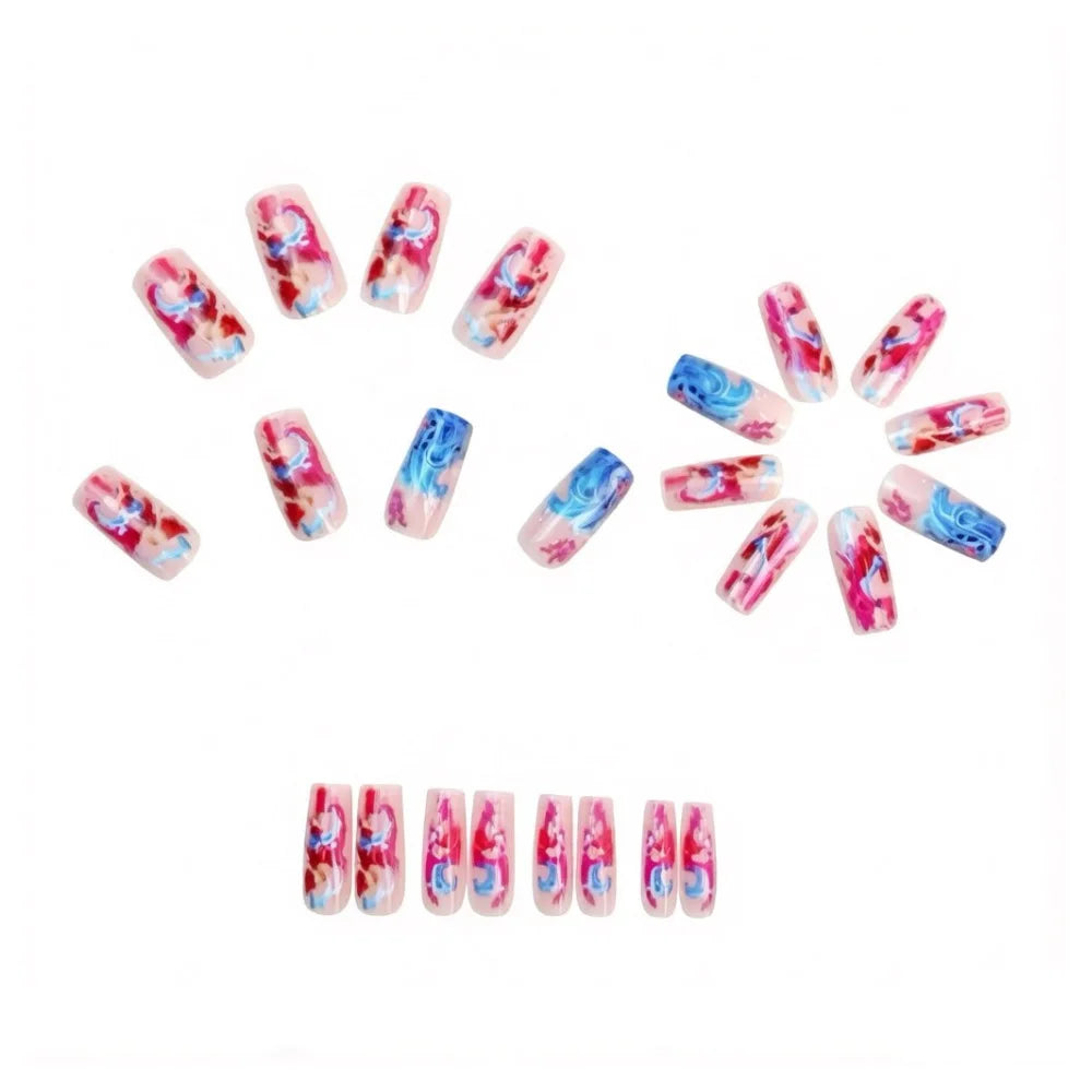Medium fake nails for women gilrs Gradient pink blue colors wave sea print Square shape full cover reusable press on nails set