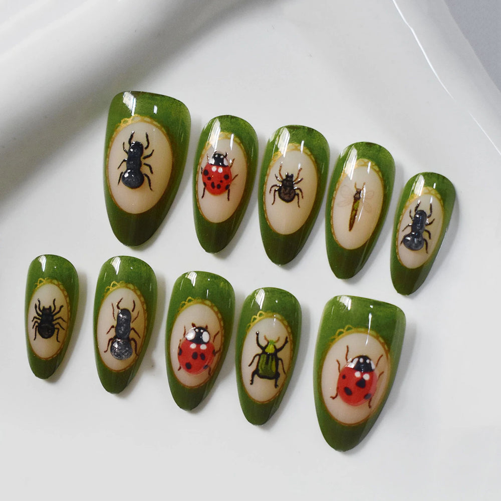 Dark Green Ladybug & Beetle Handmade Press-On Nails – Almond, 10 Pcs