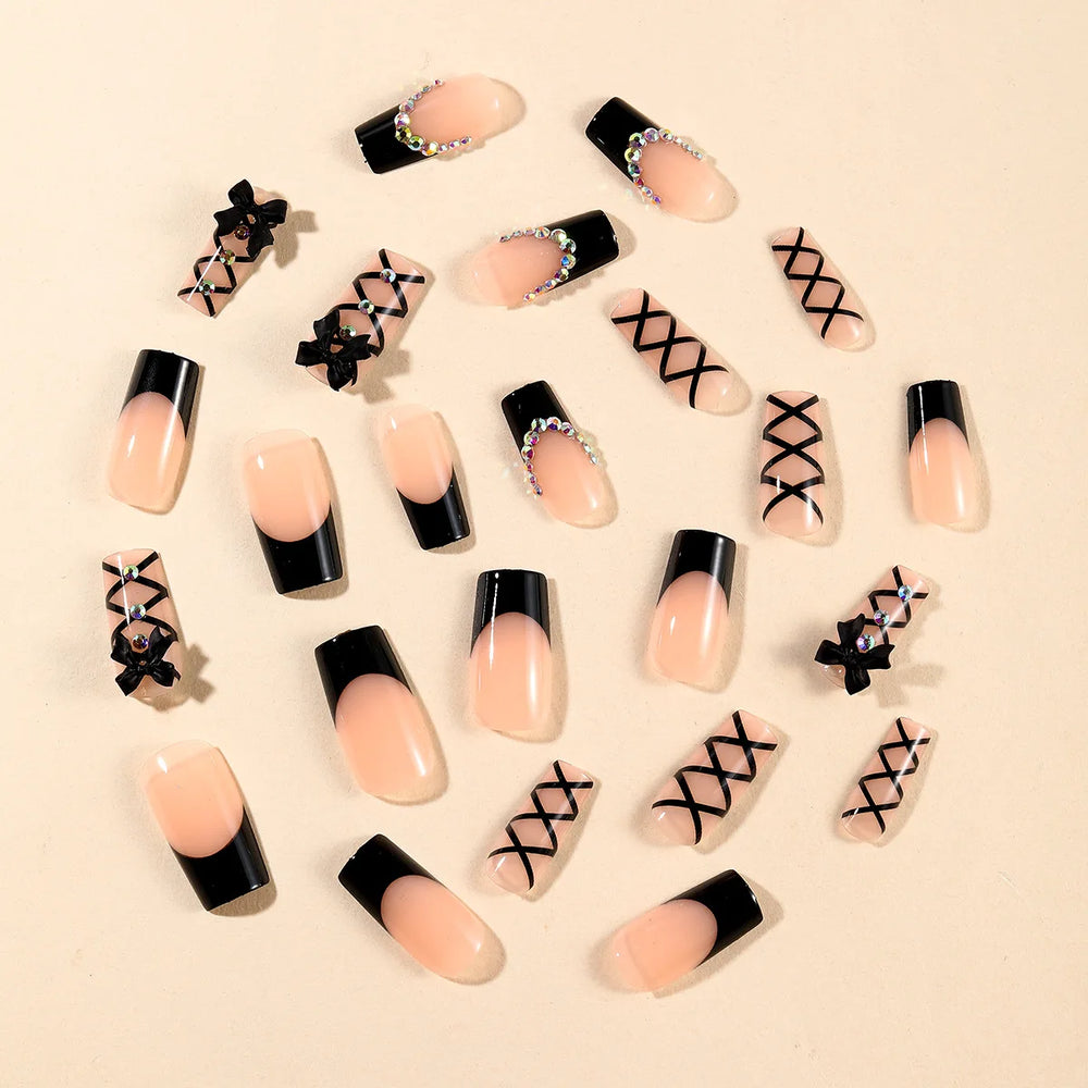 Black Cross Strap French 3D Bow Press-On Nails – Long Ballet, 24 Pcs