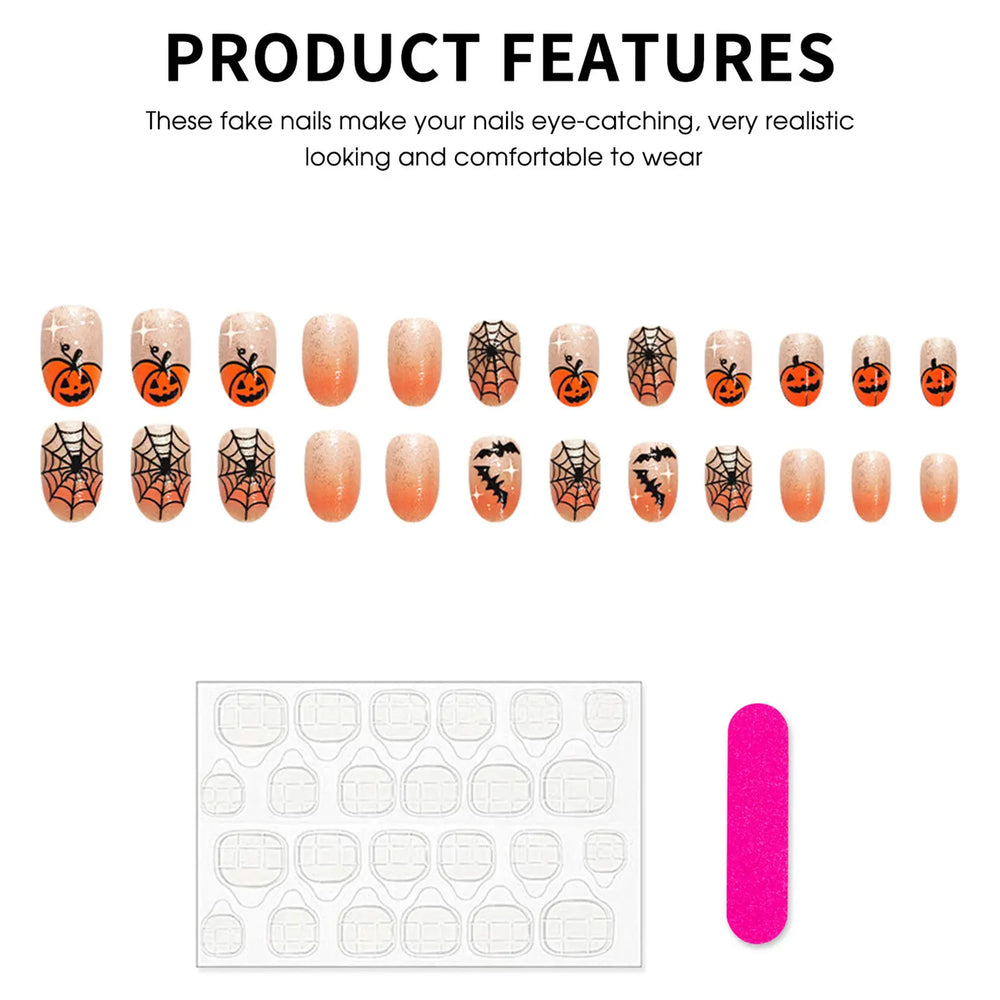 Orange Ombre Glitter Pumpkin & Bat Press-On Nails – Almond, 24 Pcs