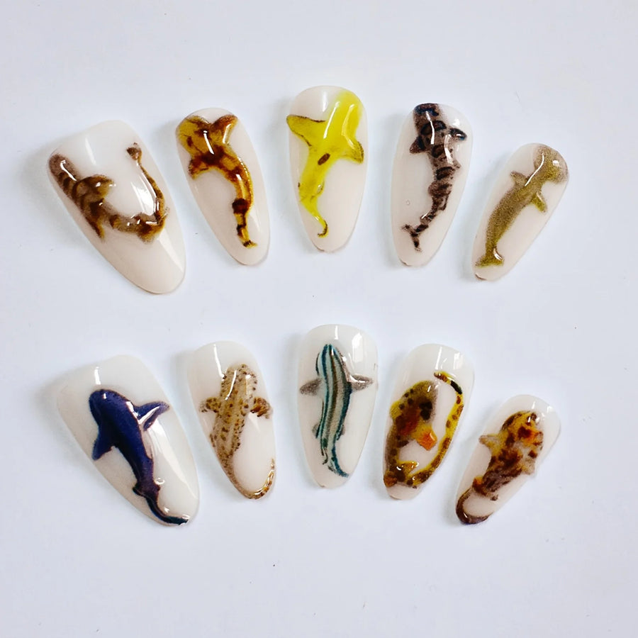 10pcs Handmade Press On Nails Sweet Cool 3D Colorful Fish Decor False Nails White Almond Women Girls Wearable Fake Nail Manicure