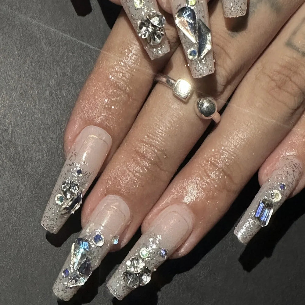 Glitter Rhinestone Pearl Bow Press-On Nails – Long Square, 24 Pcs