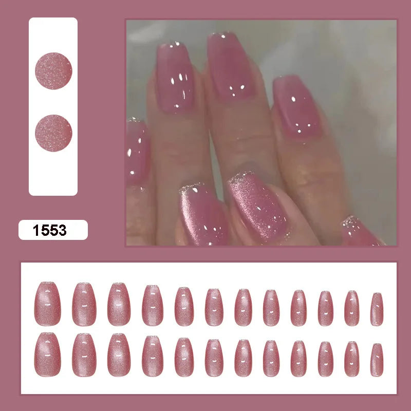 Medium long fake nails for women girls pink blue cat eyes glossy shimmer ballet almond nail tips full cover press on false nail