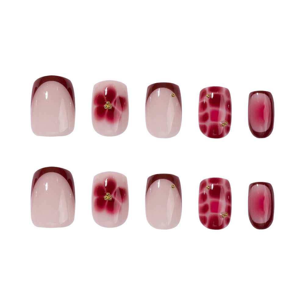 Wine Red Smudged Flower Gold Bead Press-On Nails – Short Square, 24 Pcs