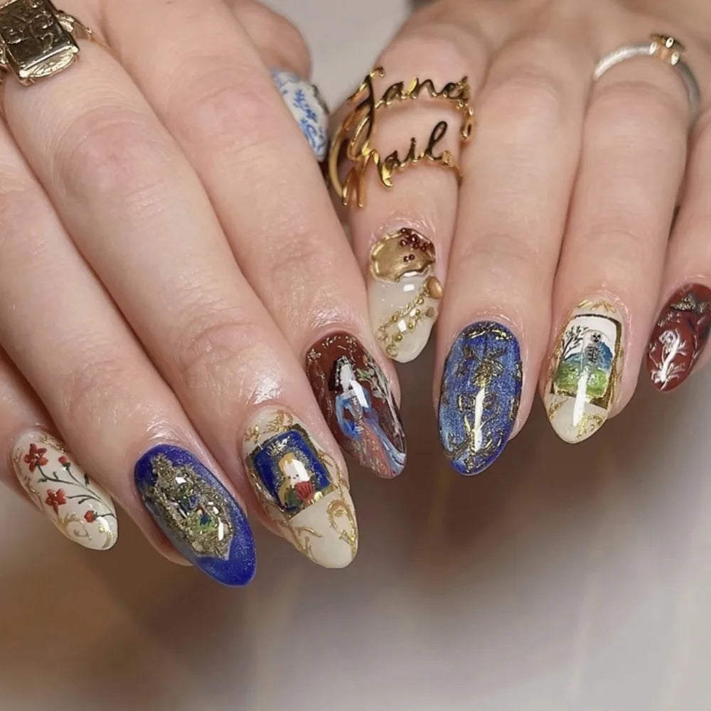 Smudged Blue Gold Star Press-On Nails – Almond, 24 Pcs