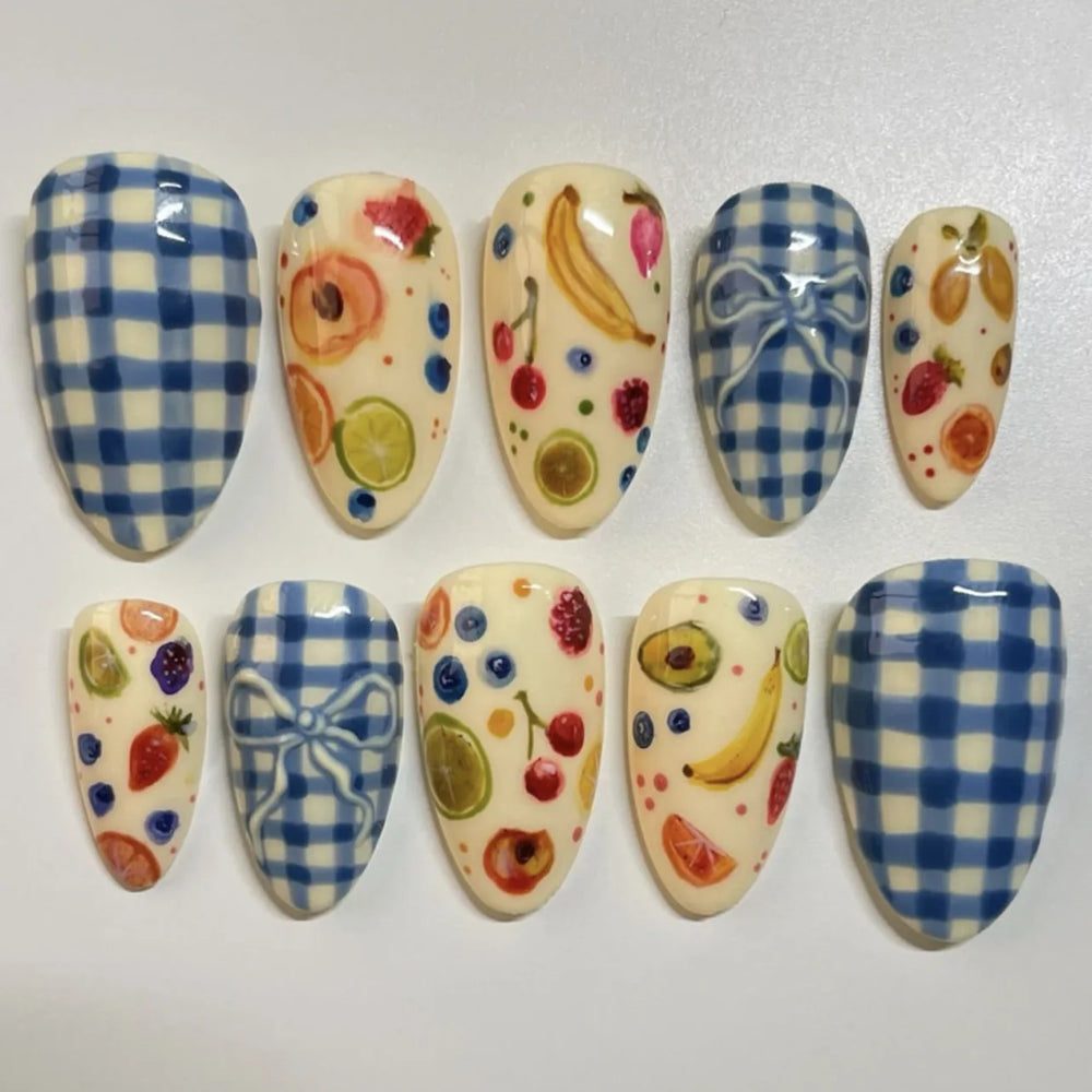Cute Cartoon Oil Painting Press-On Nails – Almond, 24 Pcs