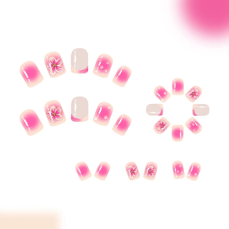 Short Medium fake nails for women 3D embossed flowers gradient Nude pink colors full cover press on acrylic false nail art