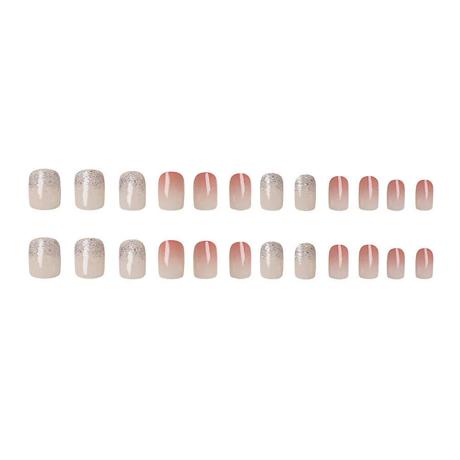 Short square fake nails for women girls gradient pink red white colors with sparkling gliters full cover press on fasle nail art