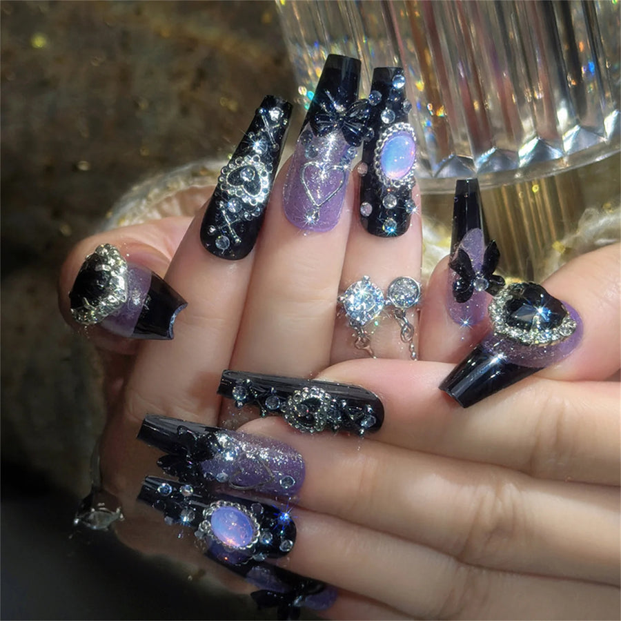 Black French Purple Gem Luxury Press-On Nails – Long Coffin, 24 Pcs