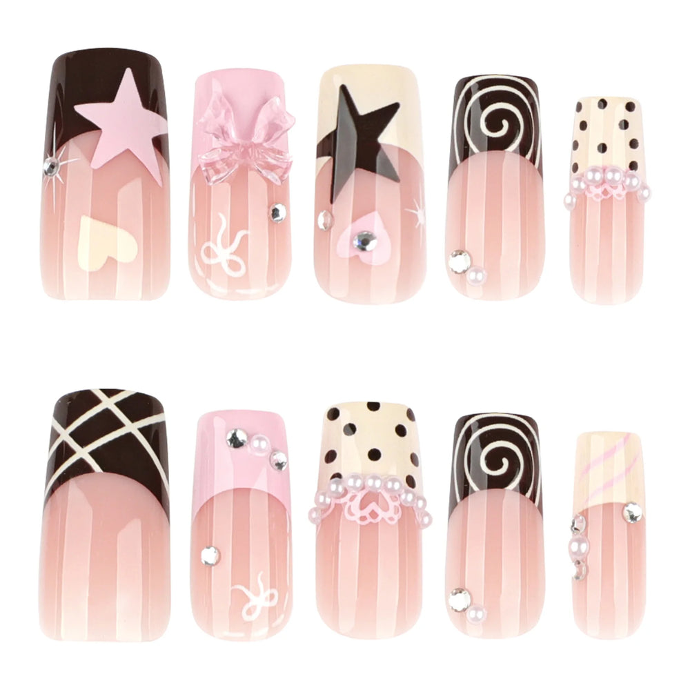 Star & Spiral Stripe French Bow Press-On Nails – Medium Square, 24 Pcs