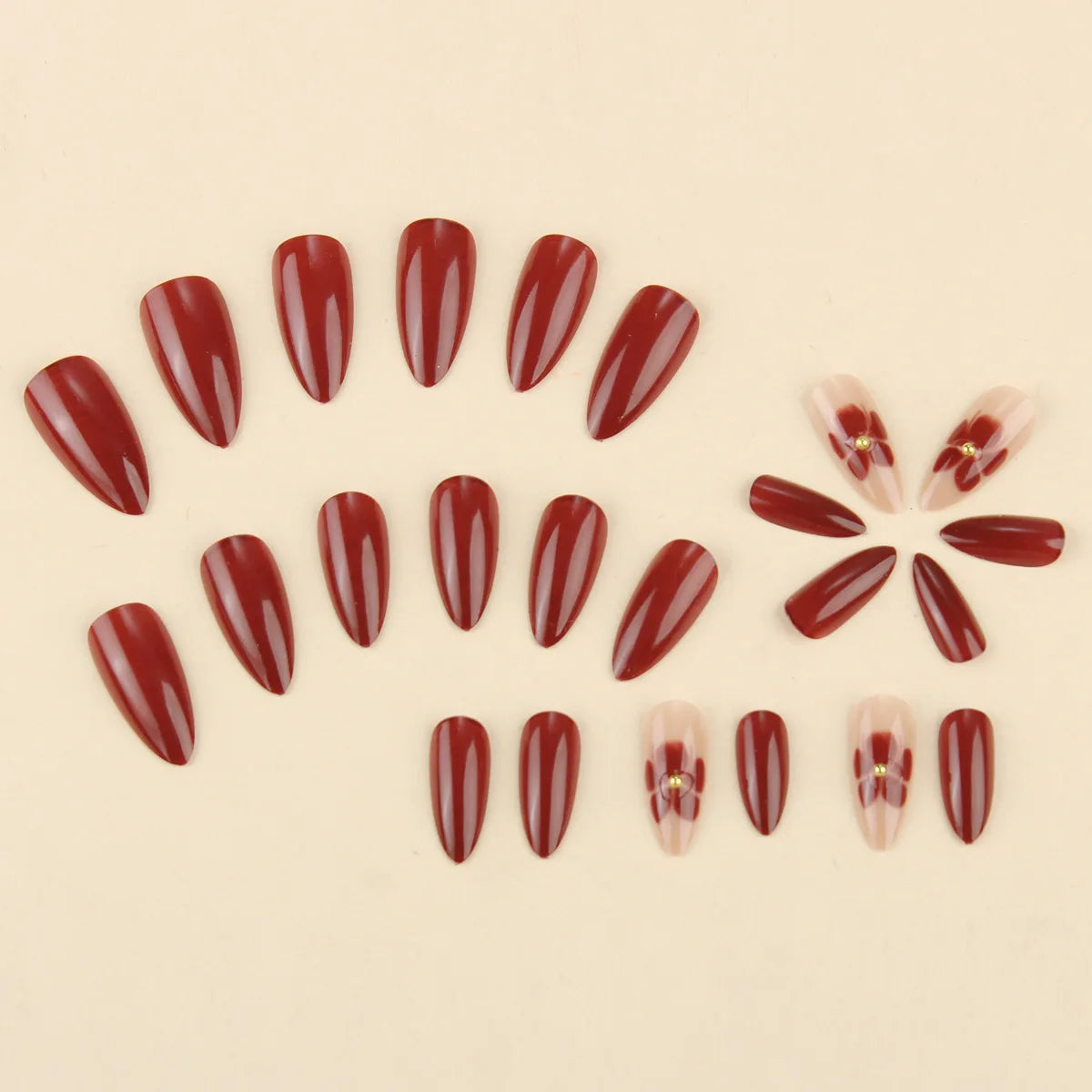 Medium fake nails for women girls dark red wine red glossy almond ballet nail tips with flowers design full cover press on nail