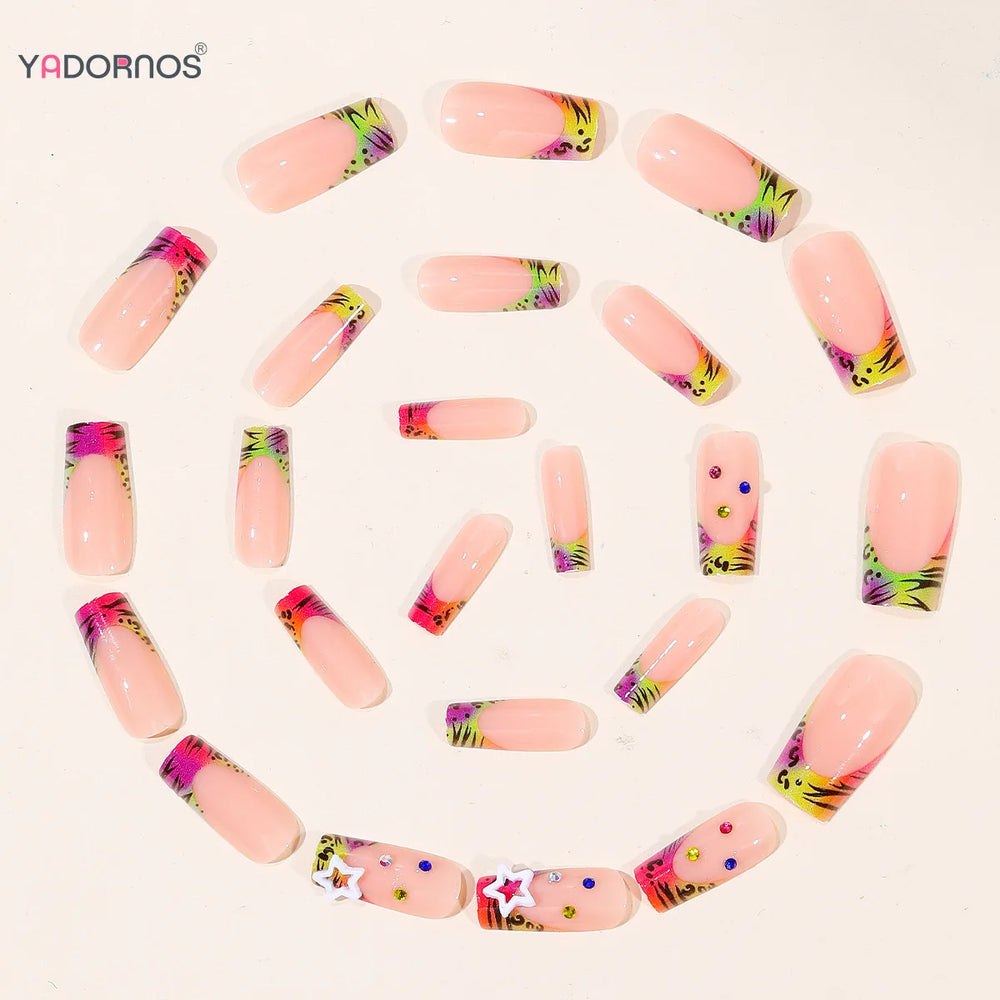 Rainbow Star Zebra French Y2K Press-On Nails – Almond, 24 Pcs