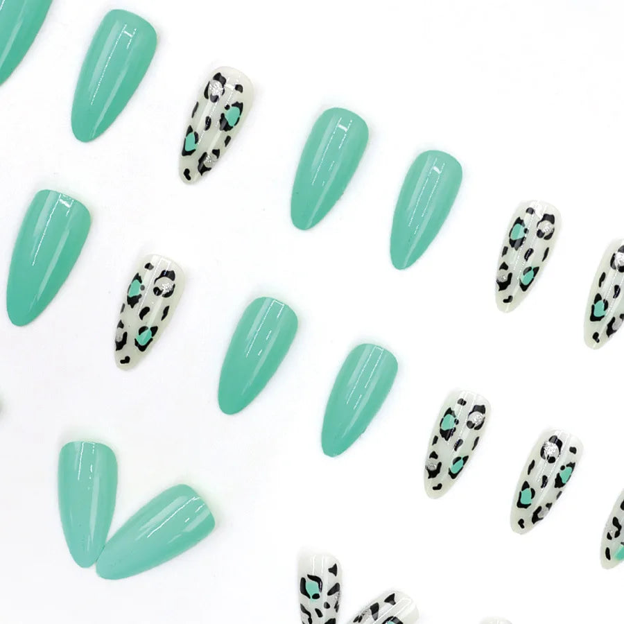 24pcs/set fake nails for women gilrs fresh light green leopard print Glossy almond nail tips full cover reusable press on nail