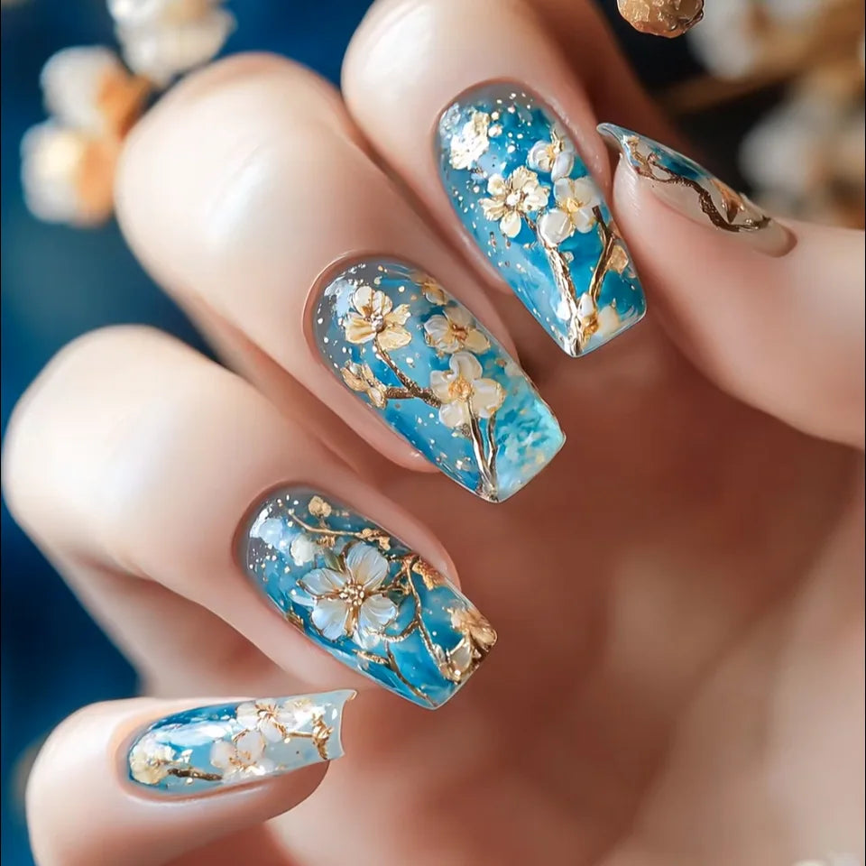 24pcs/set Medium long fake nails for Spring summer season Flowers leaf gradient color Square almond tips press on false nail art