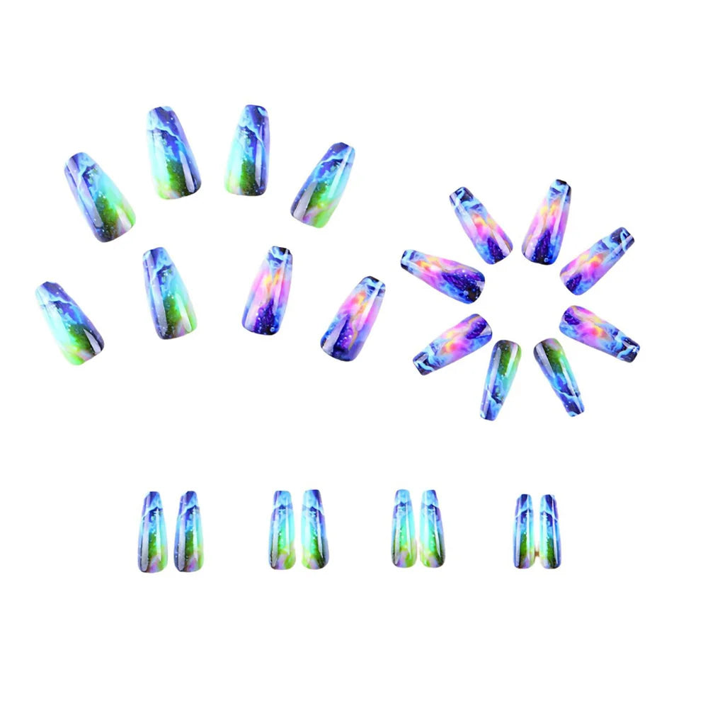 Medium long fake nails for women gradient green purple blue colors print Y2K ballet shape full cover press on Artificial Nails