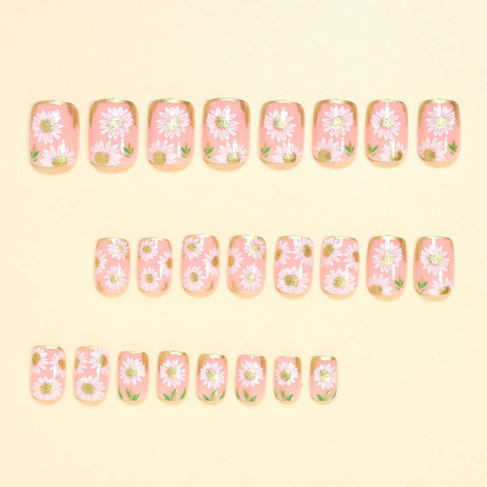 Gold & White Flower Stripe Frame French Press-On Nails – Short Square