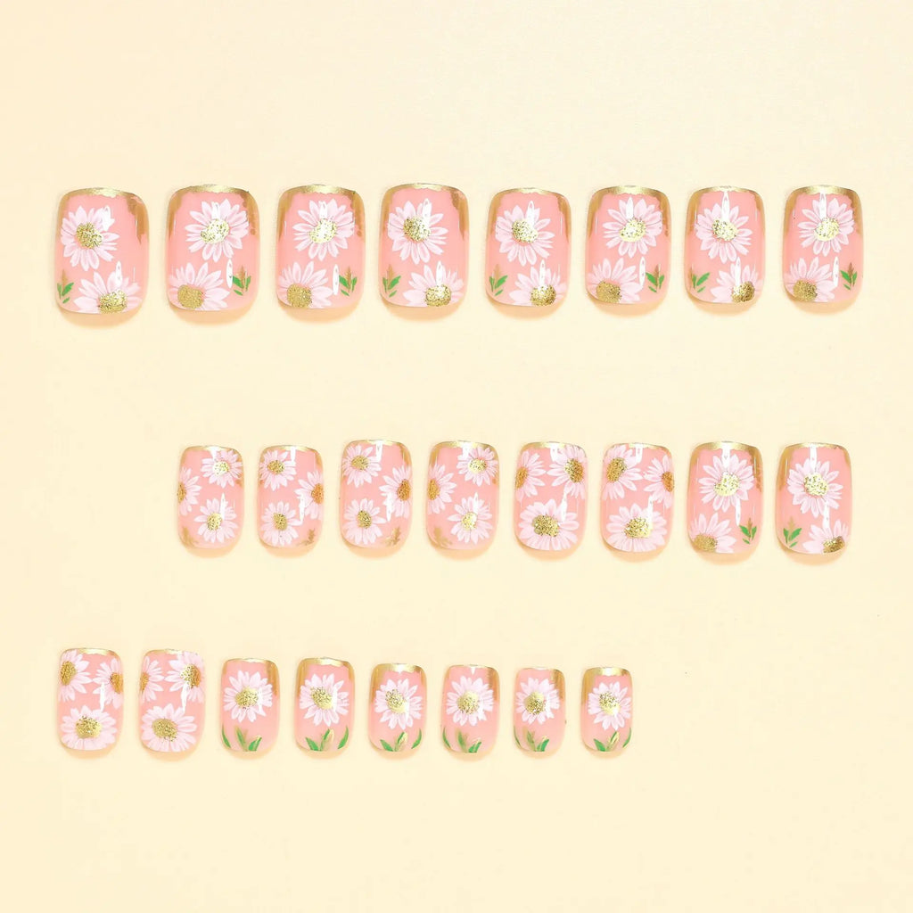 Short Square Fake Nails Golden White Flowers with Strips Frame for Spring Summer French Style Full Cover Press On Acrylic Nail