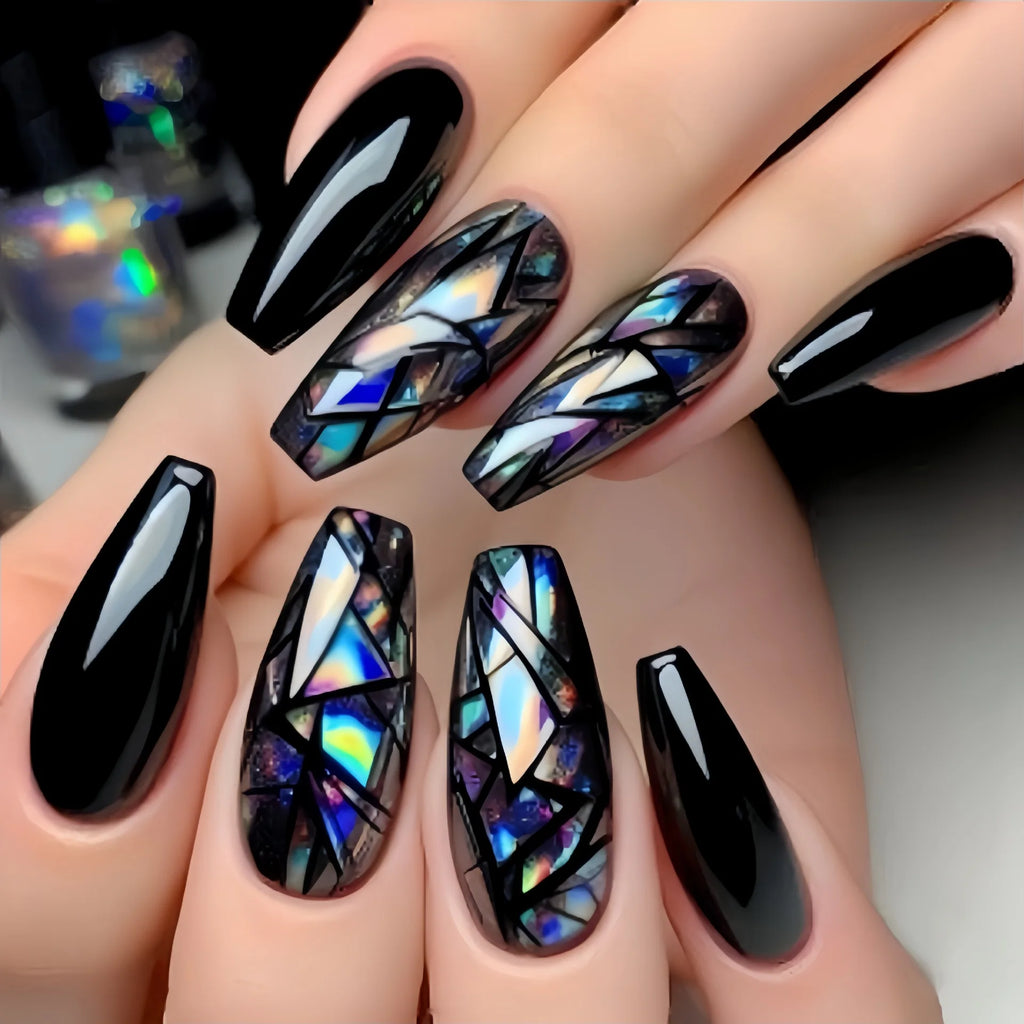 24pcs/set Medium long fake nails gradient red black golden glossy ballet almond french tips for New Year press on false nail art