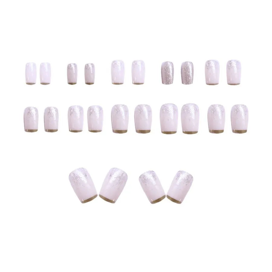 Medium Square fake nails for women girls white pink nail tips with golden silver sparkling glitters frame design press on nail