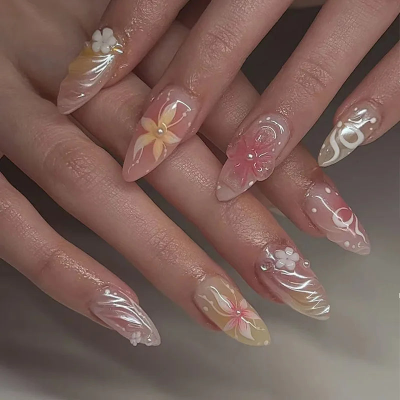 24/30pcs/set Medium Long Fake Nails 3D Flowers Butterfly Rhinestones for Spring Summer Golden Foil Nail Tips Press On False Nail