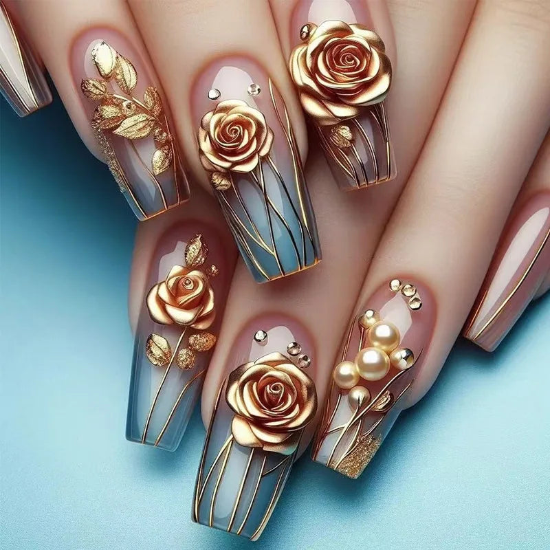 24/30pcs/set Medium Long Fake Nails 3D Flowers Butterfly Rhinestones for Spring Summer Golden Foil Nail Tips Press On False Nail