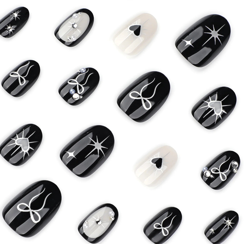 Gothic Black Silver Heart & Bow Press-On Nails – Short Almond, 24 Pcs