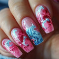 Medium fake nails for women gilrs Gradient pink blue colors wave sea print Square shape full cover reusable press on nails set