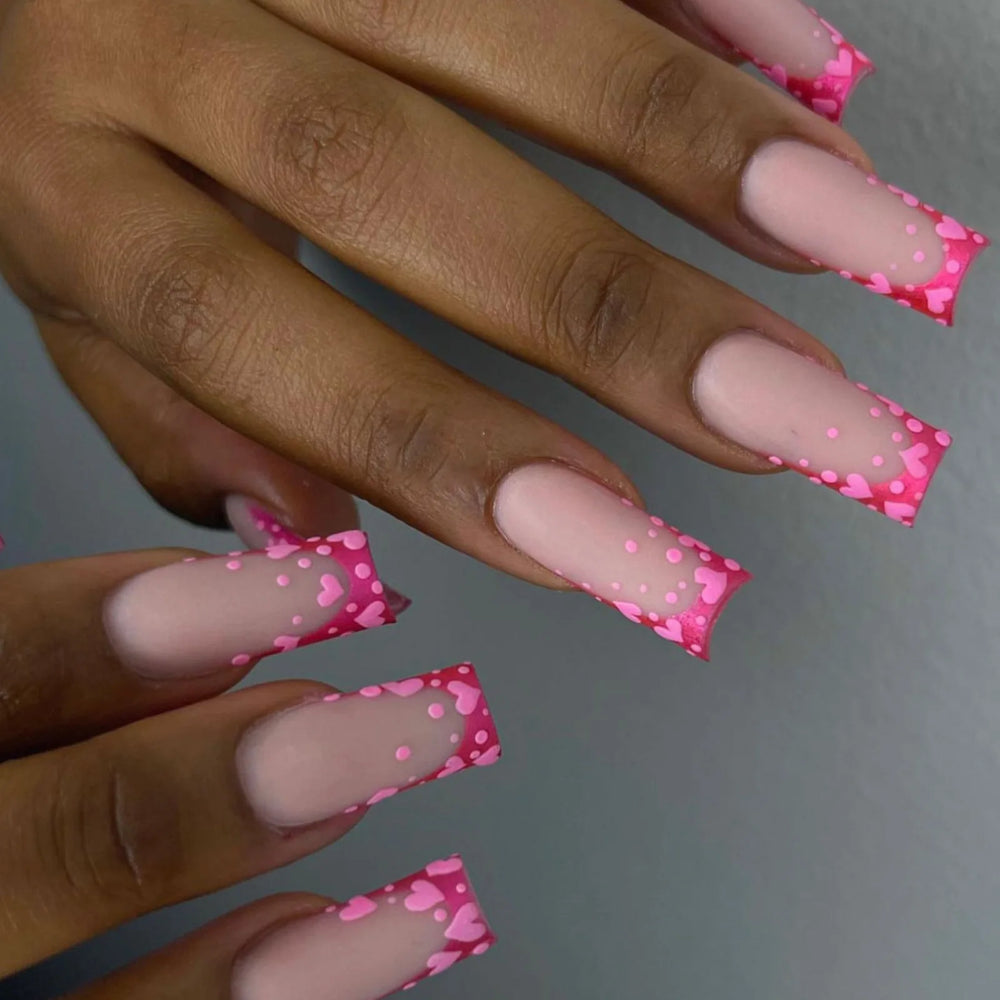 Red Pink Heart French Frame Press-On Nails – Medium Square