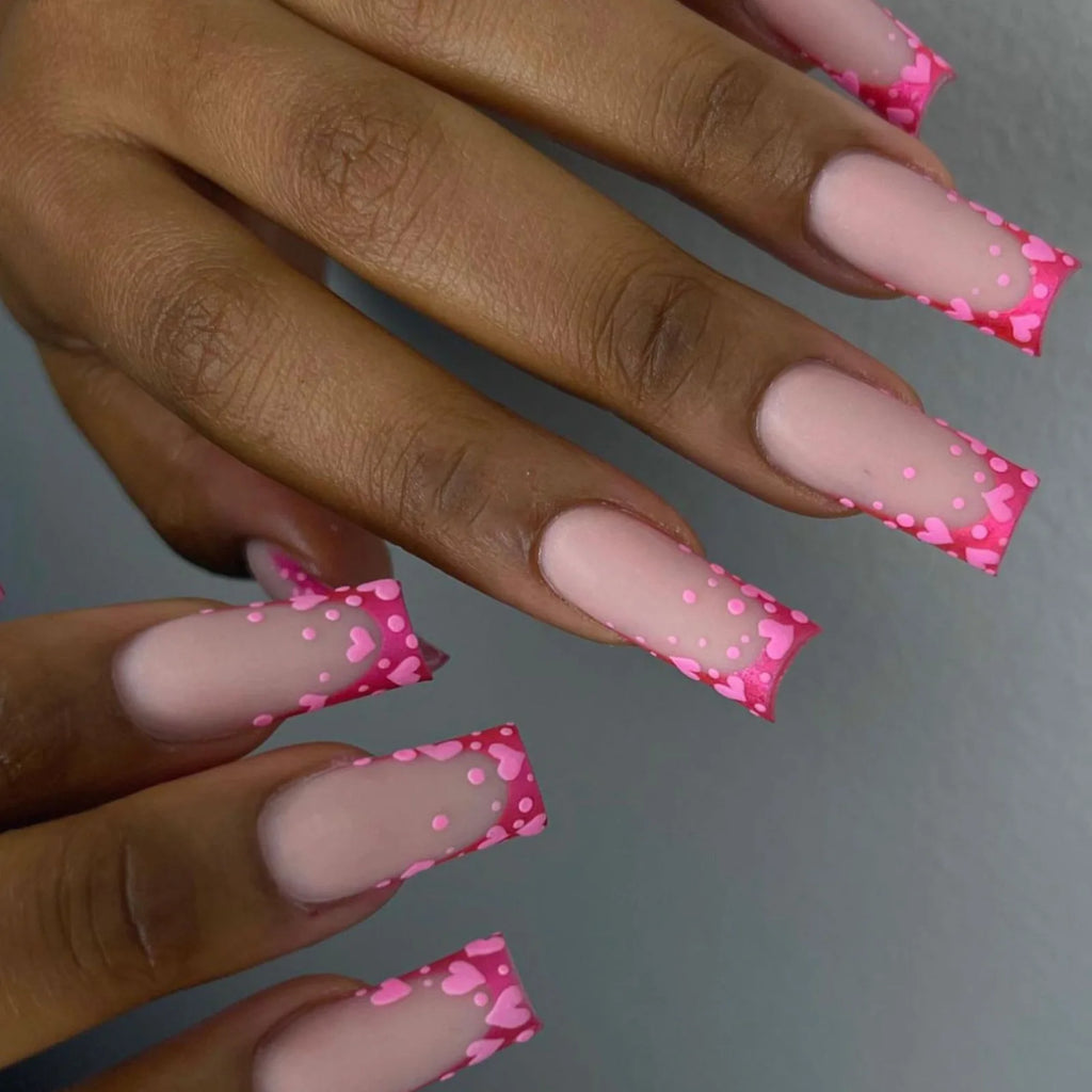 Medium fake nails for women girls red pink heart print french frame full cover square nail tips press on acrylic false nail art