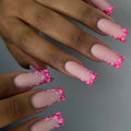 Medium fake nails for women girls red pink heart print french frame full cover square nail tips press on acrylic false nail art