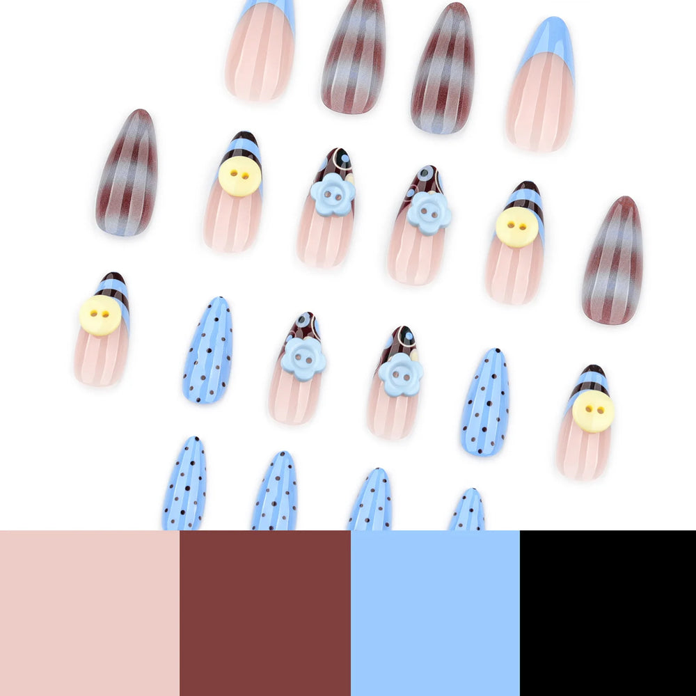 Blue & Brown Ombre 3D Button Flower Press-On Nails – Almond, 24 Pcs