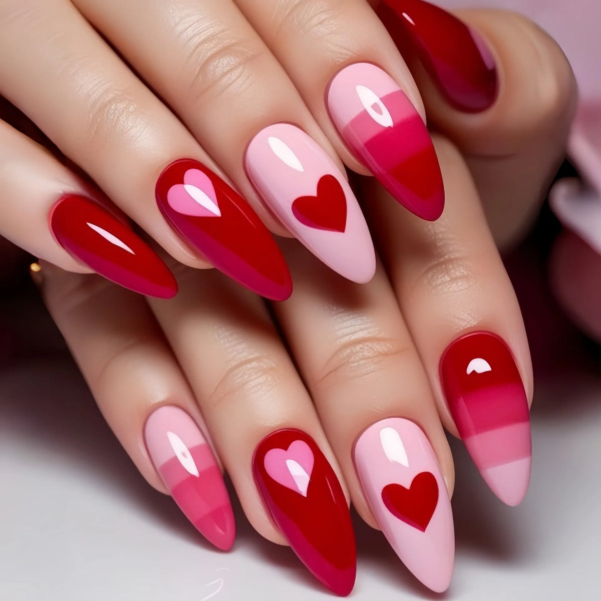 Medium long fake nails for women girls black red heart designs for Valentine's Day ballet almond nail tips press on false nail